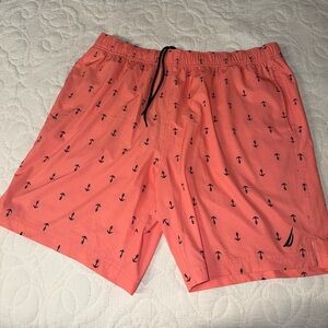 Nautica Coral Swim Trunks with Navy Anchor Print